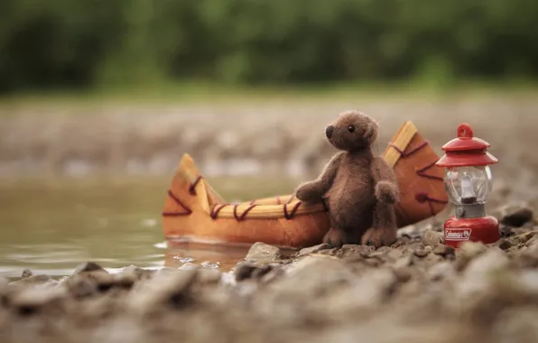Nature, childhood, river, stones, background, shore, boat, toy