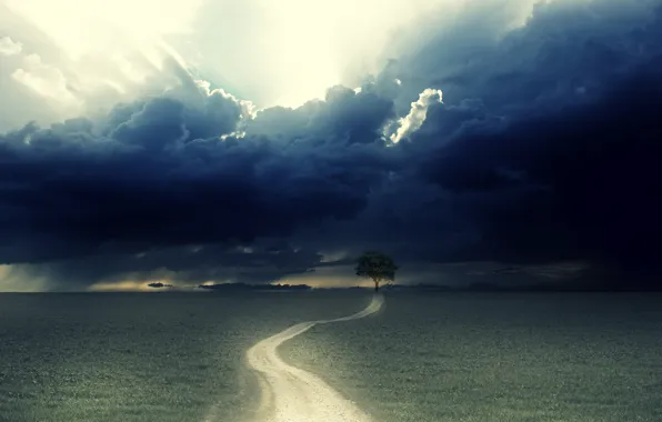 Road, clouds, tree