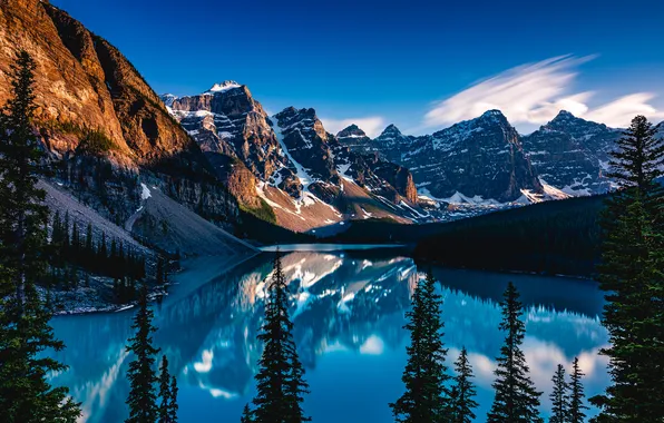 Forest, clouds, snow, mountains, lake, reflection, blue, rocks