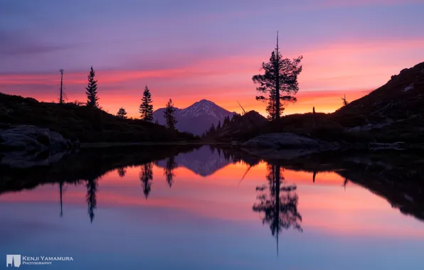 Sunset, reflection, mountain, photographer, Heart Lake, Mount Shasta, Kenji Yamamura