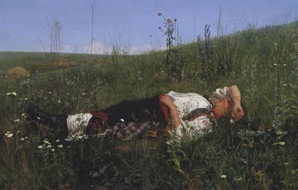 Picture the sky, grass, flowers, oil, Canvas, Nikolay KUZNETSOV, Russian woman, In celebration