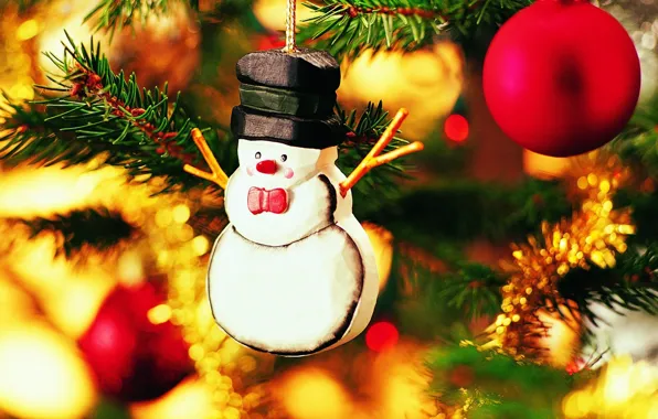 New year, snowman, Christmas background, toy on the Christmas tree