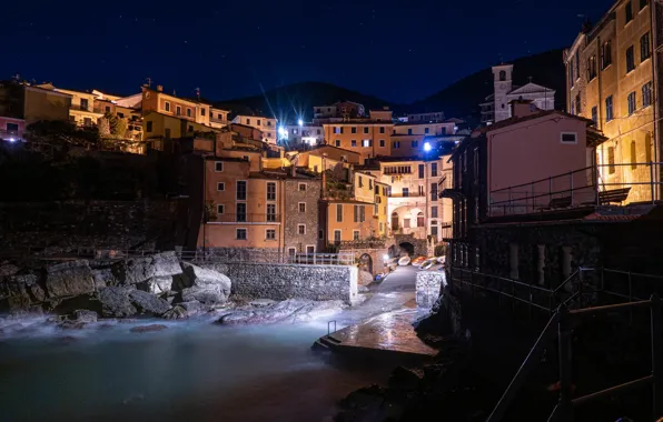 Sea, landscape, night, stones, shore, home, boats, lighting