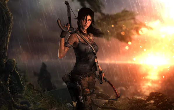 Girl, Rain, Dirt, Bow, Weapons, Square Enix, Game, Lara Croft