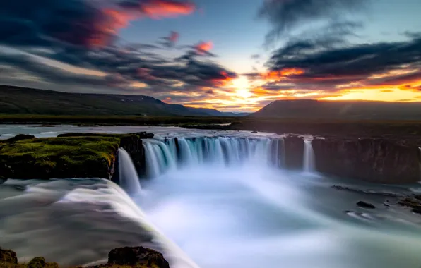The sky, the sun, clouds, sunset, mountains, clouds, rocks, shore