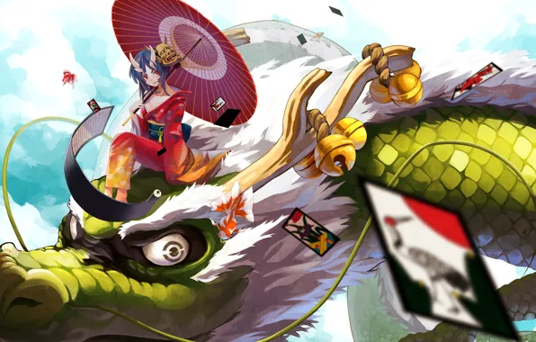 Card, mustache, clouds, flight, dragon, umbrella, Green, mask