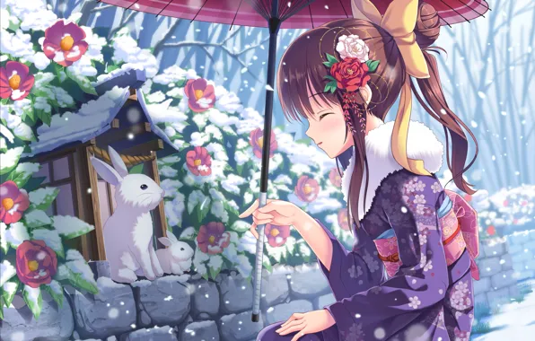Winter, girl, snow, flowers, Bush, umbrella, art, rabbits