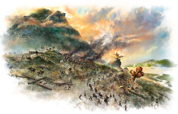 Picture mountains, lake, smoke, explosions, art, battle, the battle, artillery