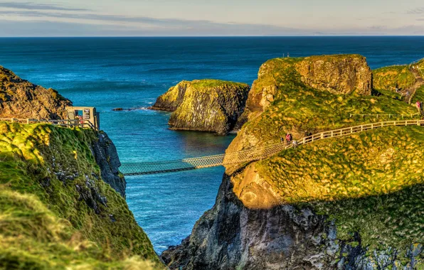 Picture sea, the sky, the sun, bridge, rocks, coast, trail, horizon