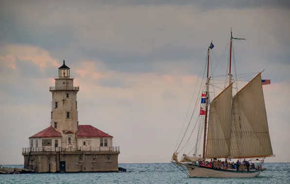 Picture lake, lighthouse, sailboat, Chicago, Il, Chicago, Illinois, lake Michigan
