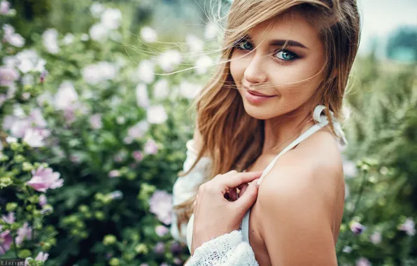 Picture eyes, look, girl, flowers, spring, photographer, Polina, Evgeny Freyer