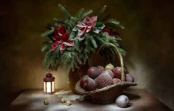 Balls, flowers, branches, holiday, balls, apples, Christmas, spruce