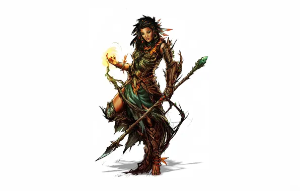 Girl, magic, fantasy, white background, staff, spear