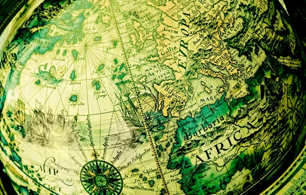 World map, globe, antique, green background