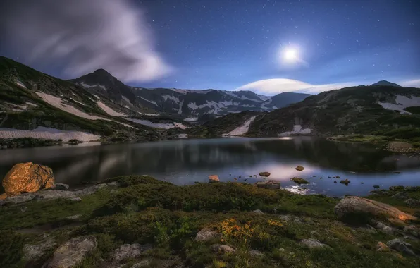 Stars, mountains, night, lake, the moon