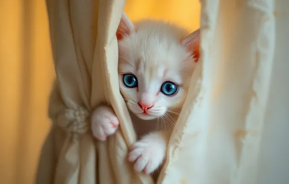 Cat, white, look, pose, kitty, curtains, face, AI art