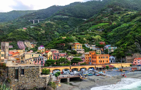 Sea, forest, trees, mountains, coast, home, Italy, Cinque Terre