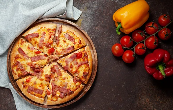 Cheese, pepper, vegetables, pizza, tomatoes, pizza, ham, tomato