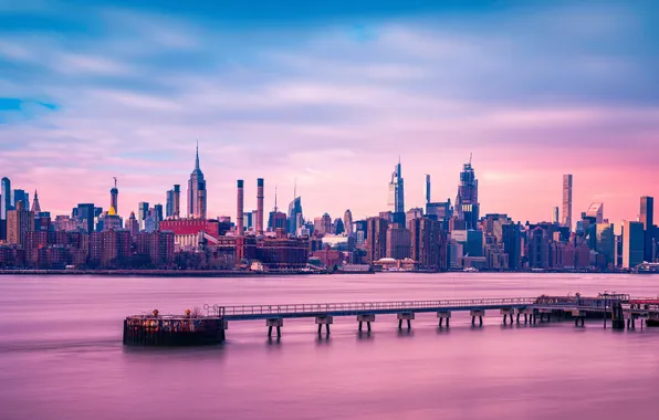 Twilight, river, skyscraper, manhattan, horizon, cityscape