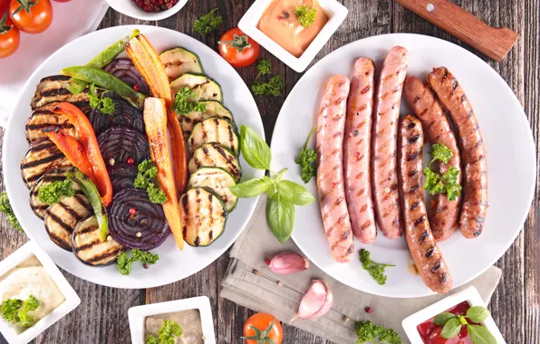 Sausage, bow, vegetables, sauce, garlic, zucchini, grill, Basil