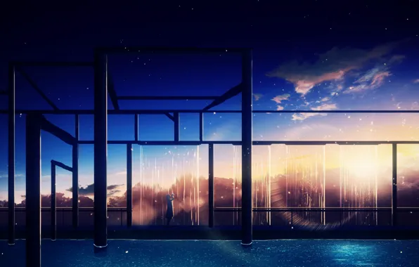 The sky, water, girl, stars, sunset, design, Y_Y