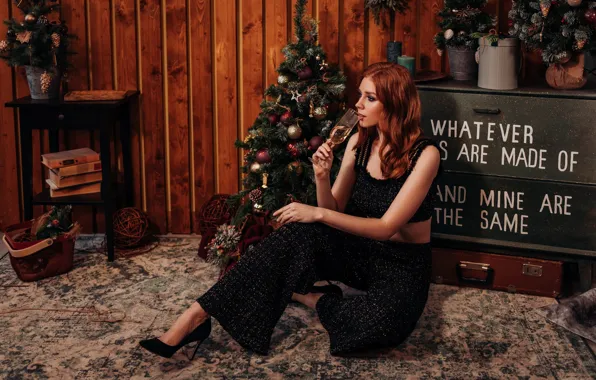 Girl, pose, tree, new year, red, redhead, Albina Ponomareva