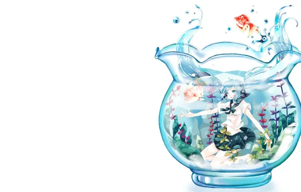 Aquarium, fish, anime, art, girl, Vocaloid
