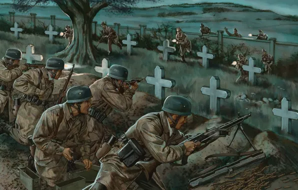 War, figure, battle, art, soldiers, cemetery, shots, machine gun