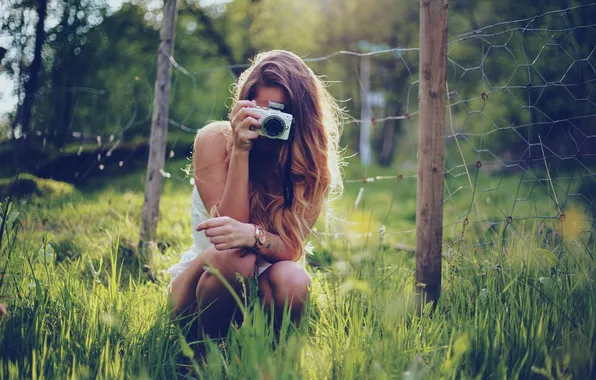 Picture grass, girl, feet, hair, the fence, camera, dress