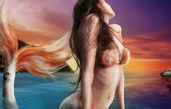 Picture sea, girl, stones, fiction, hair, mermaid, art, tail