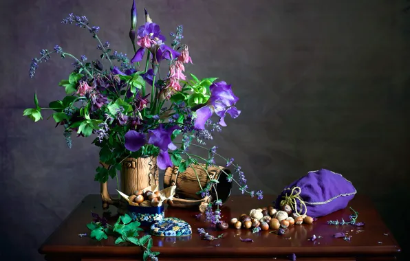 Bouquet, nuts, hazelnuts, iris, Aquilegia