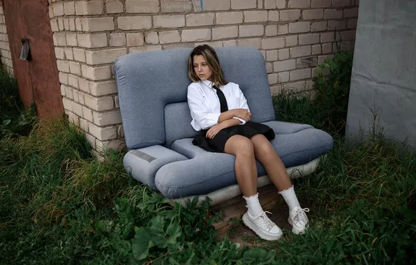 Picture girl, beautiful, model, shirt, socks, skirt, sneakers