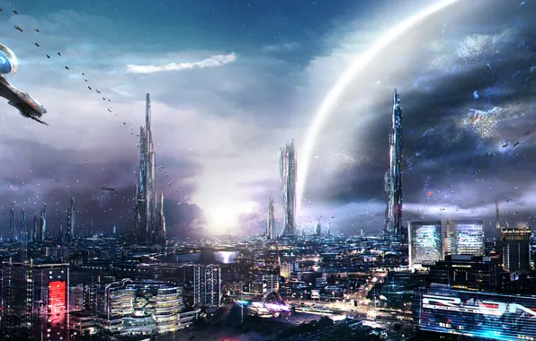The sky, the city, planet, megapolis, two worlds