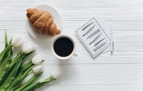 Flowers, Tulips, Coffee, handle, Postcard, Croissant