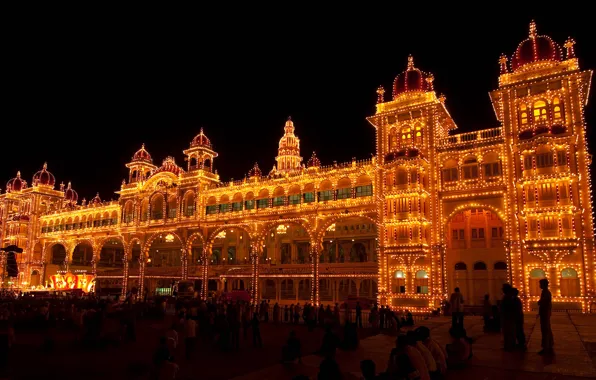 Night, lights, India, Palace, festival of dasar, Karnataka, Mysore