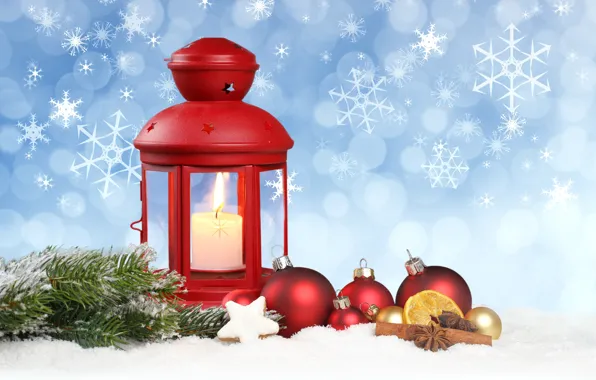Stars, snow, decoration, snowflakes, balls, lantern, New year, new year