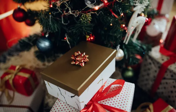 Balls, room, Christmas, gifts, New year, bow, needles, bow