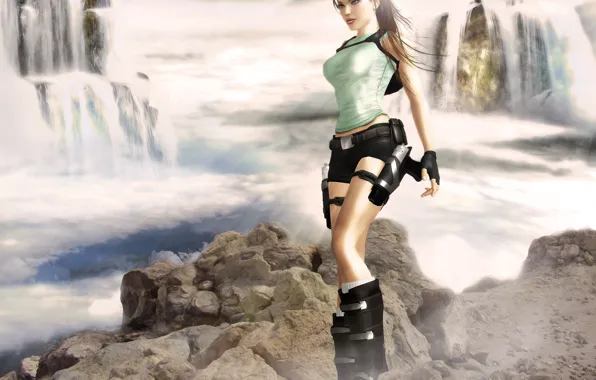 Look, water, girl, face, weapons, guns, shorts, waterfall