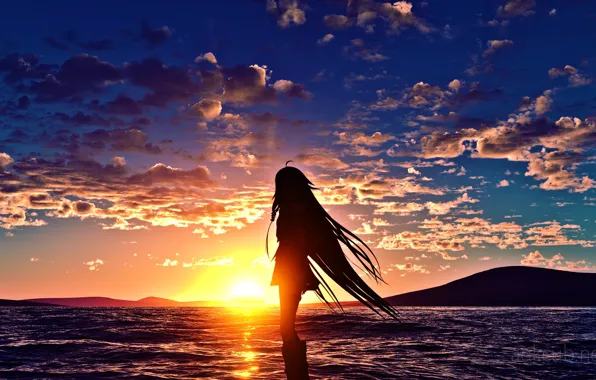Picture sea, girl, sunset, silhouette, Vocaloid, Ya