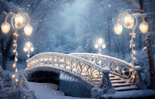 Winter, snow, snowflakes, night, bridge, lights, Park, New Year
