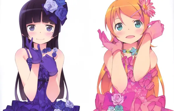 Flowers, dress, gloves, long hair, friend, ruffles, ore no imouto ga konna ni kawaii wake …