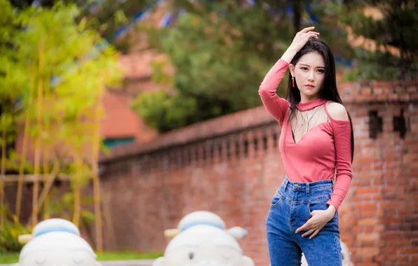 Jeans, Asian, gesture, bokeh, girl posing