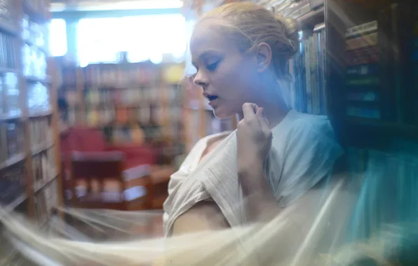 Girl, books, blur, library