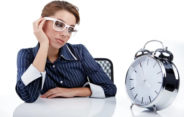Look, girl, watch, alarm clock, glasses, shirt