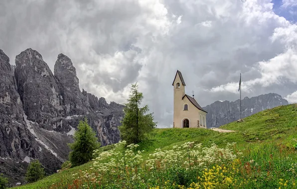 Picture landscape, mountains, chapel, Selva di Val Gardena