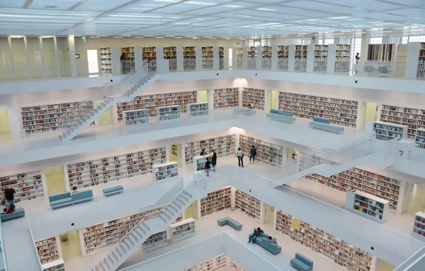 People, sofa, books, stairs, library