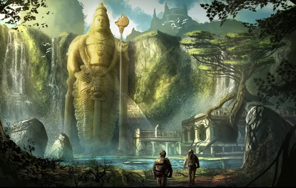 Picture mountains, river, castle, ladder, statue, forgotten civilization