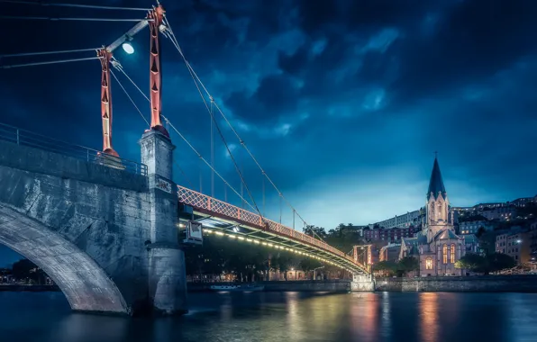 Bridge, lights, river, France, Lyon