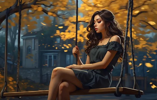 Autumn, look, girl, house, Park, swing, foliage, dress