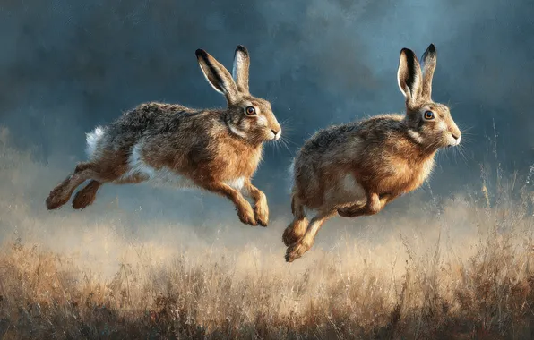 Field, grass, light, fog, jump, hare, running, rabbits